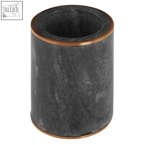 Dark gray cylindrical pen holder with grey marble texture and polished copper rims in bosco grey marble tumbler style