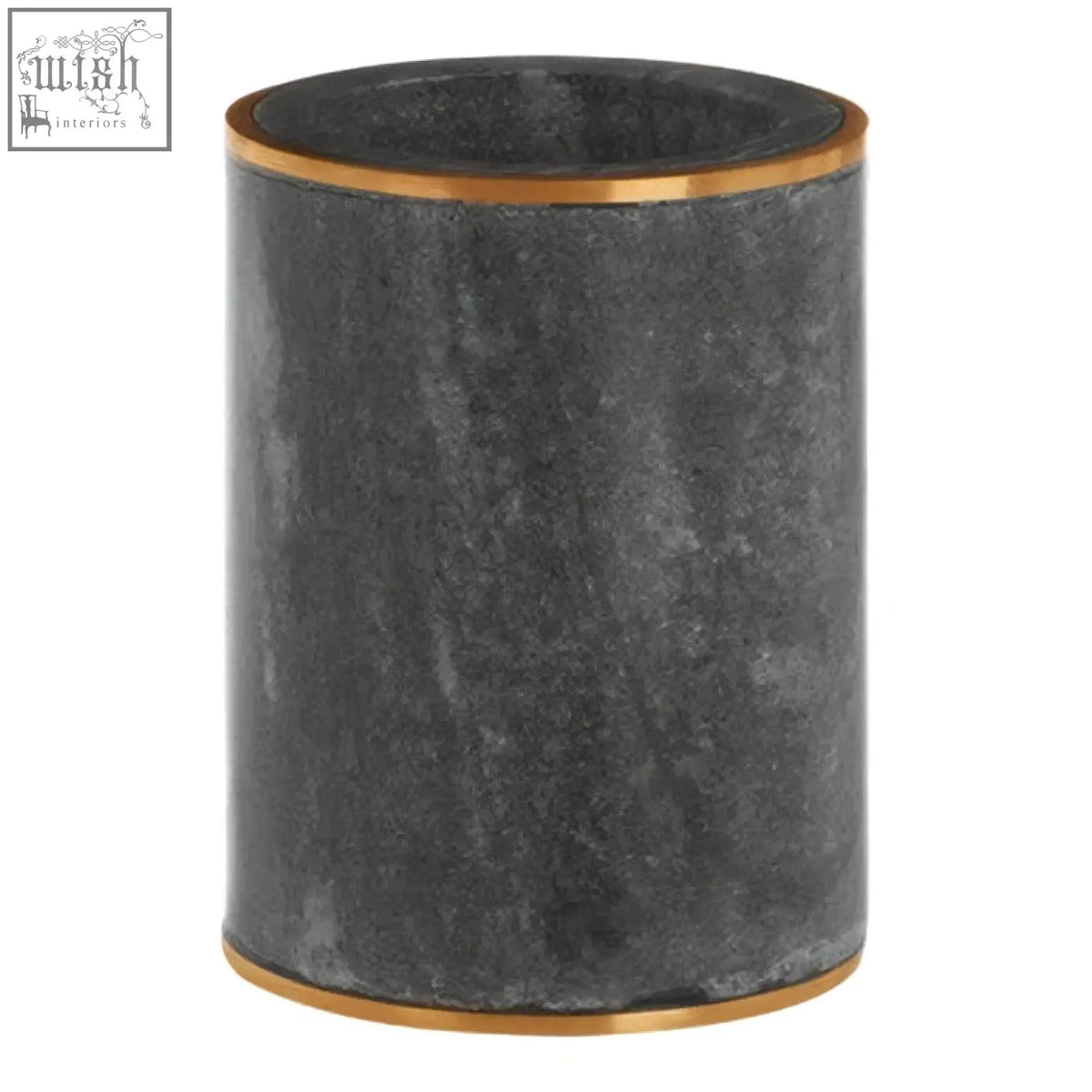 Dark gray marble tumbler with gold-toned metallic rims perfect as a stylish grey marble tumbler for everyday use