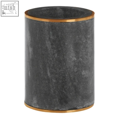 Dark gray marble tumbler with gold-toned metallic rims perfect as a stylish grey marble tumbler for everyday use