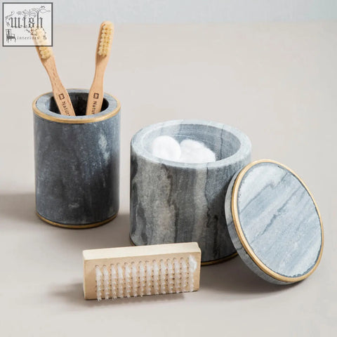 Bosco grey marble and gold tumbler set with grey marble toothbrush holder and cotton container with gold-toned rims
