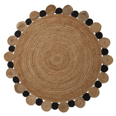Bosie demir large natural and black jute rug with a beige center and black jute pom-pom trim edge