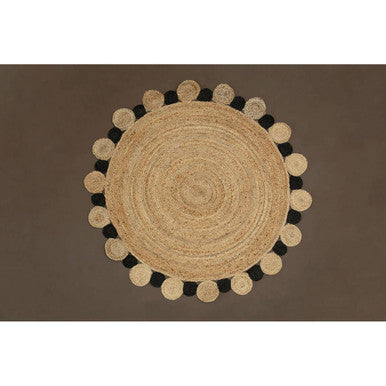 Bosie demir large natural black jute rug with beige center and black and beige pom-pom border round natural fiber rug