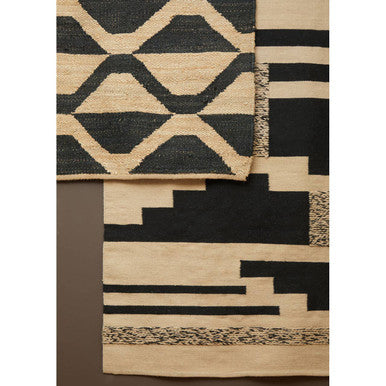 Bosie hemp small rug with black and beige geometric pattern and woven hemp texture perfect small rug option