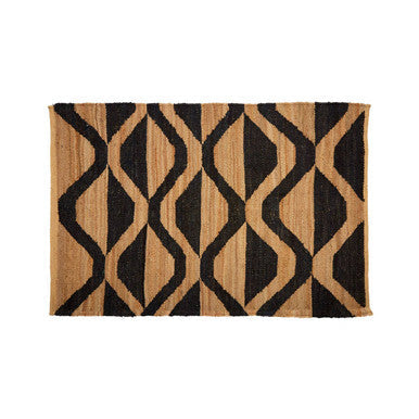 Bosie hemp small rug with black and tan geometric pattern woven from natural hemp small fibers