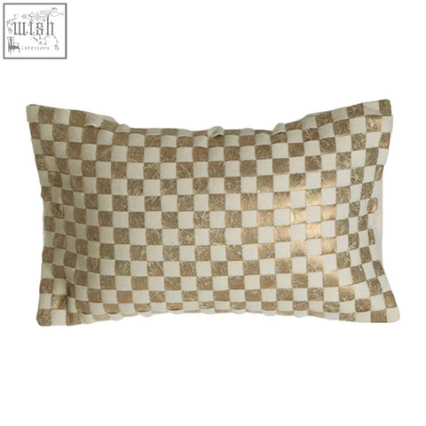Rectangular bosie kensington townhouse cream gold cushion with a metallic gold and cream checkered pattern