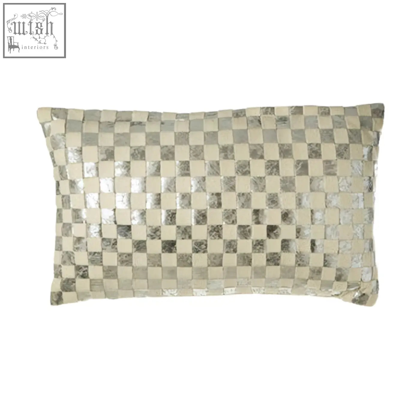 Bosie kensington townhouse rectangular ivory silver cushion with checkered metallic pattern in light and dark squares