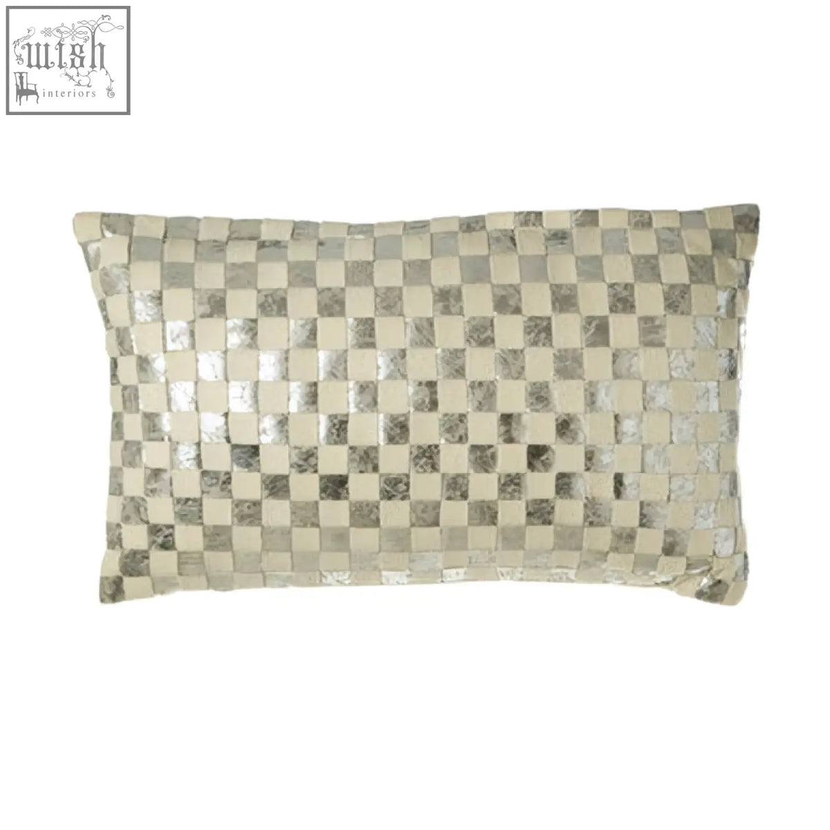 Bosie kensington townhouse rectangular ivory silver cushion with checkered metallic pattern in light and dark squares