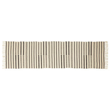 Beige and black striped woven bosie madras cotton dining runner with fringe ends made of premium cotton