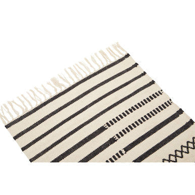 Black and cream striped bosie madras cotton runner with fringed edges perfect as a premium cotton dining runner
