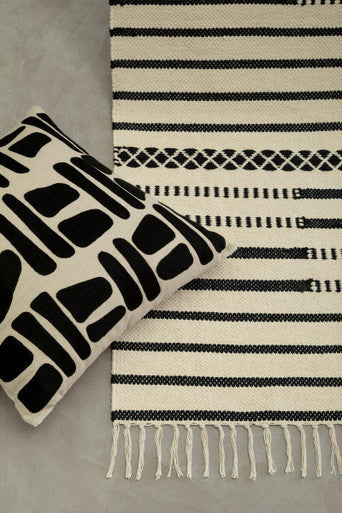 Black and white striped bosie madras cotton runner with fringe perfect as a premium cotton dining runner