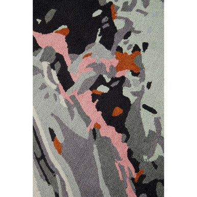 Abstract gray black and pink bosie moyo round rug with splattered orange accents for stylish modern spaces