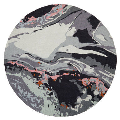 Bosie moyo round rug with abstract flowing patterns in gray black white and pink perfect round rug for any room