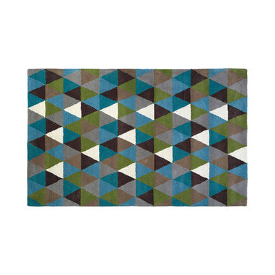 A bosie oslo multicoloured large rug with a geometric pattern of teal olive green gray and white triangles