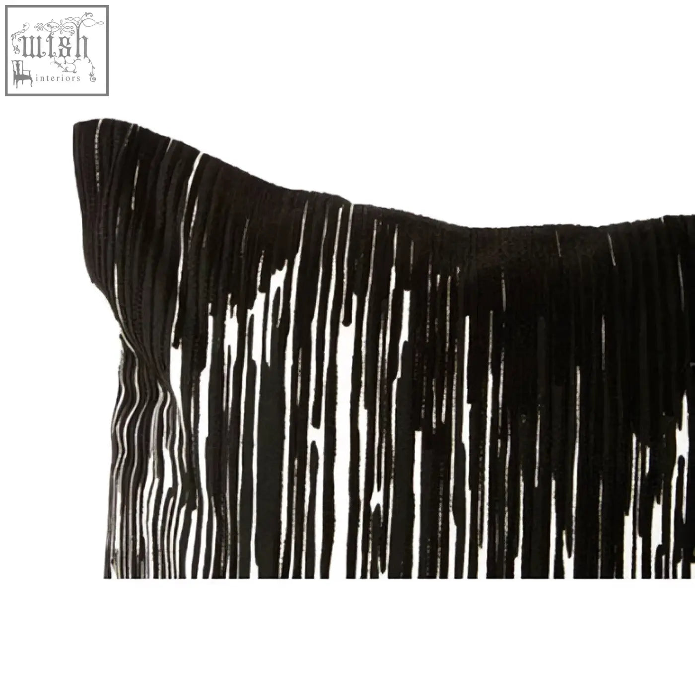 Bosie ozella black fringe pillow with textured plush surface and vertical tassels from white embroidered cushion collection