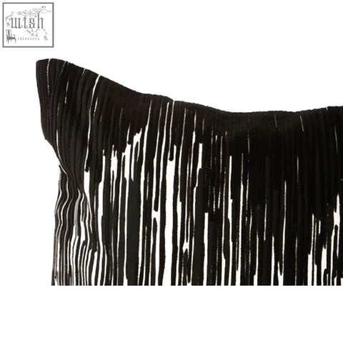 Bosie ozella black fringe pillow with textured plush surface and vertical tassels from white embroidered cushion collection