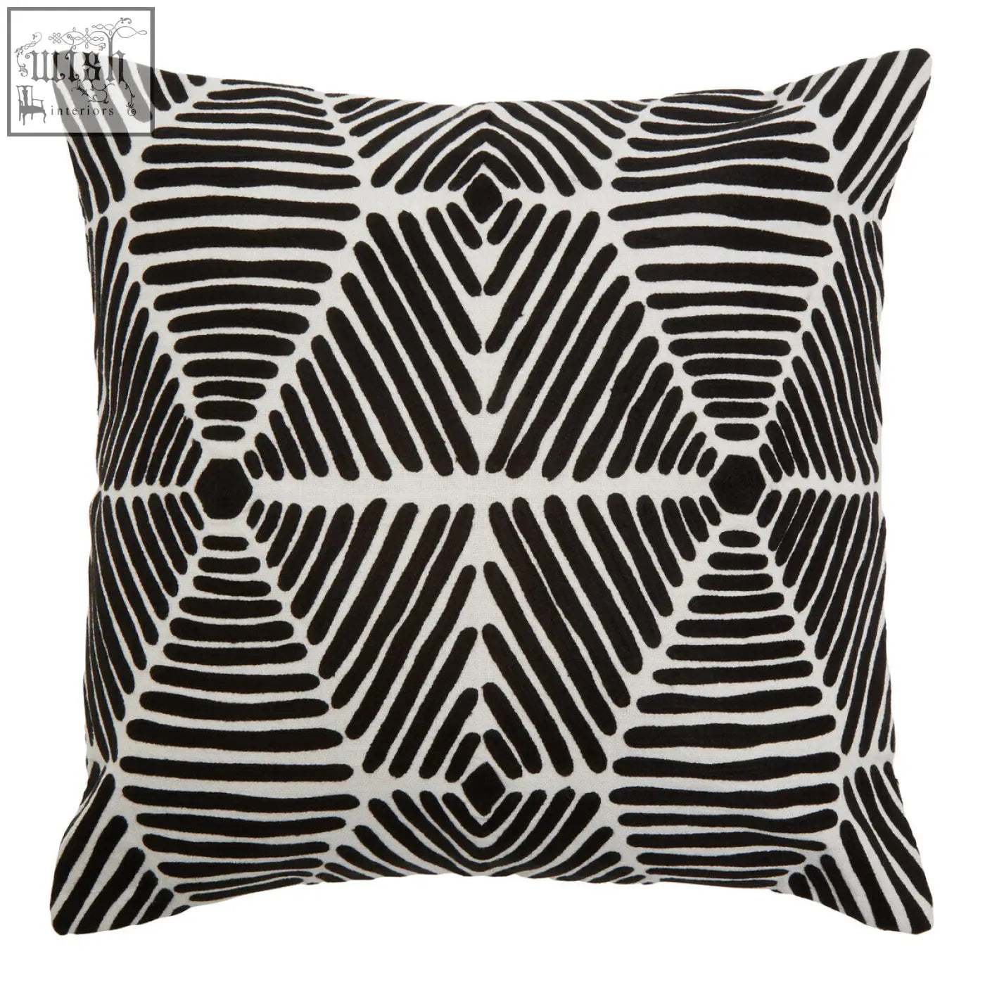 Bosie ozella black and white square embroidered cushion with bold geometric hand-drawn line pattern throw pillow