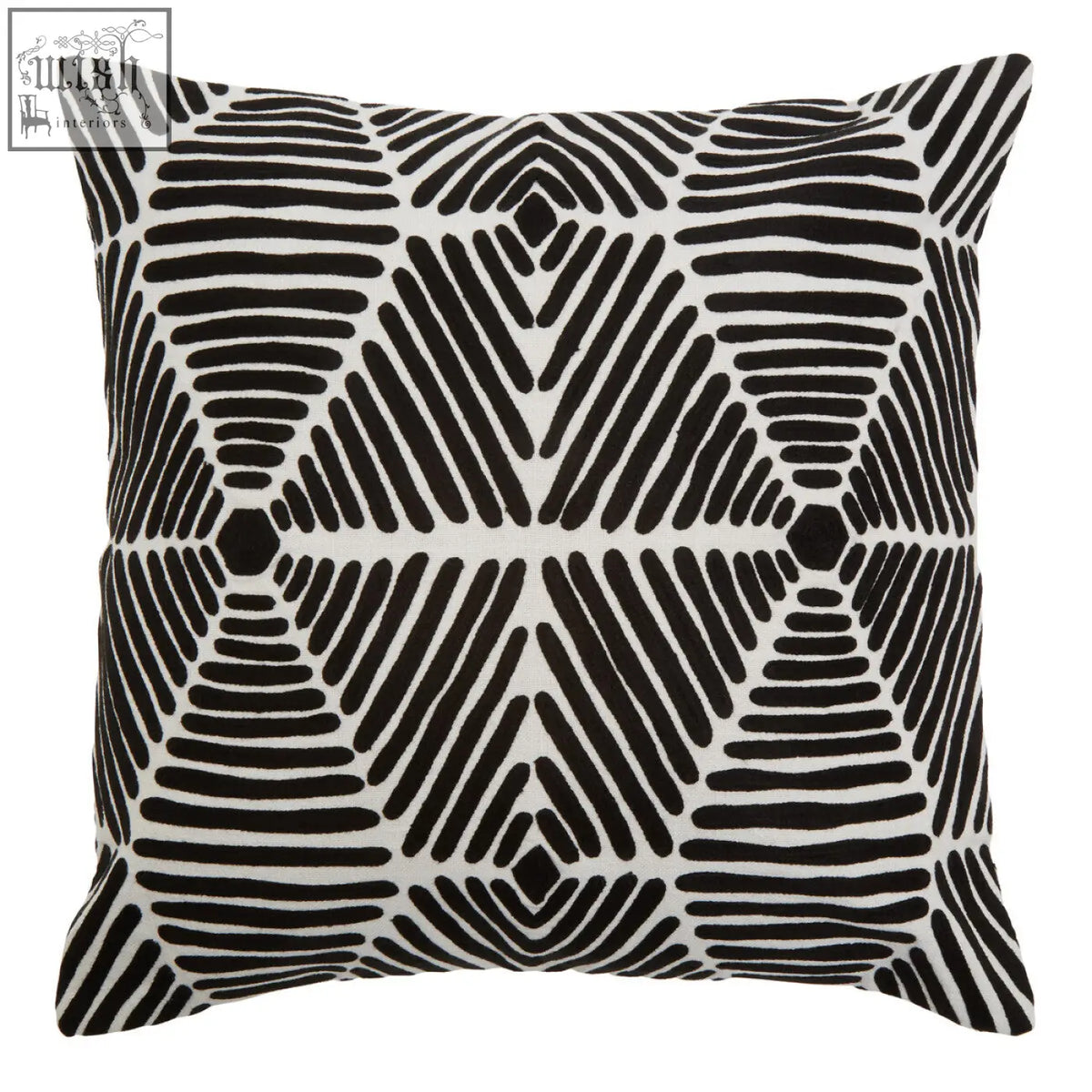 Bosie ozella black and white square embroidered cushion with bold geometric hand-drawn line pattern throw pillow
