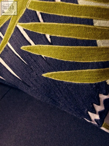 Navy blue botanical green cushion with olive green and white embroidered palm leaf pattern by bosie ozella