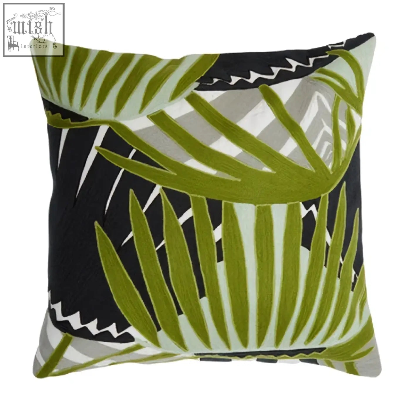 Bosie ozella botanical green cushion featuring a bold green botanical green palm frond design on black and gray background