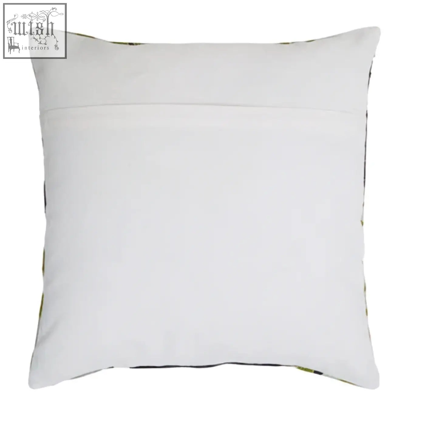 White square pillow with subtle green edge pattern in the botanical green cushion style by bosie ozella
