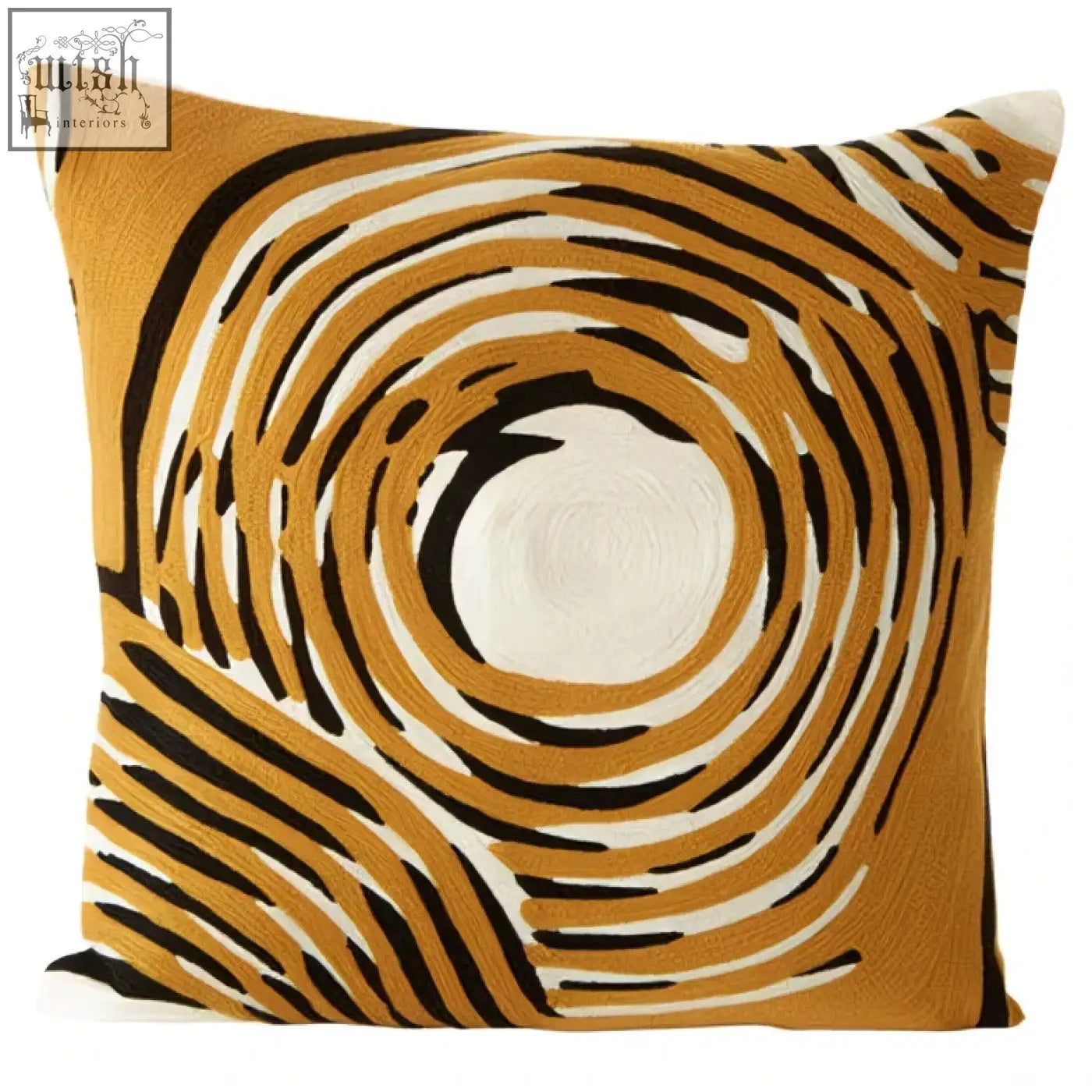 Bosie ozella circular design embroidered cushion with bold mustard yellow and black swirling pattern on square throw pillow