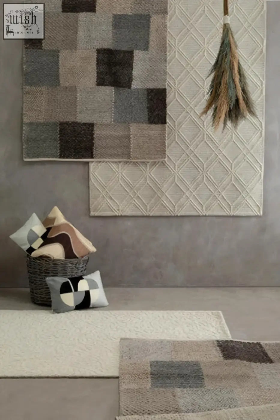 A woven rug with a bosie ozella circular patchwork design in gray beige and brown tones for cozy decor