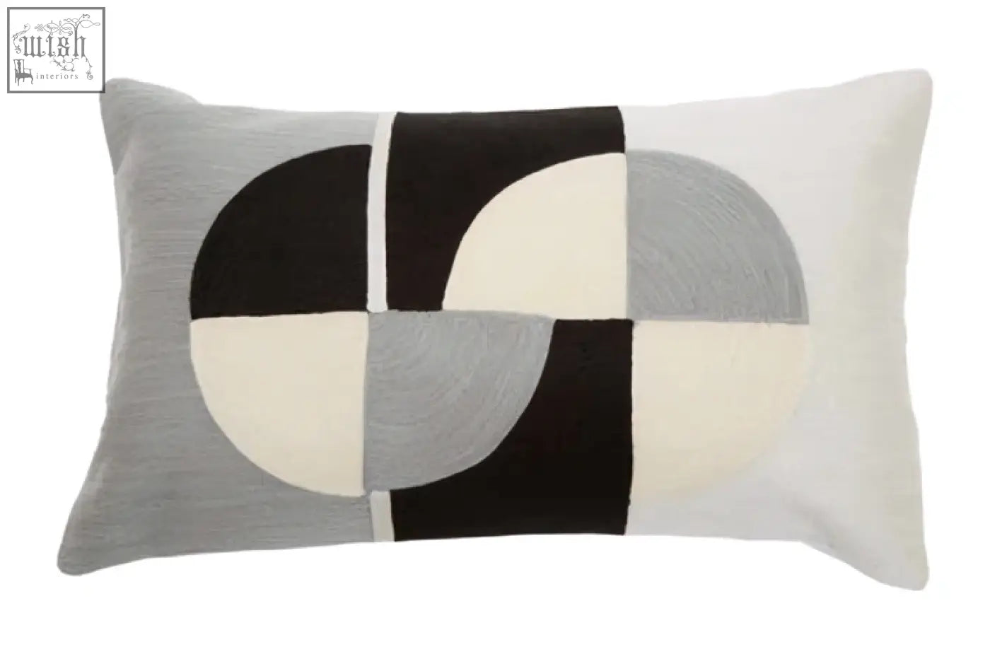 Rectangular throw pillow with bosie ozella circular embroidered circular print in black gray and off-white on textured fabric