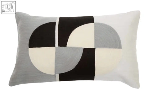 Rectangular throw pillow with bosie ozella circular embroidered circular print in black gray and off-white on textured fabric