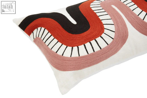 Bosie ozella curve pattern rectangular cushion with bold black rust orange dusty rose embroidery on cream fabric