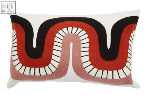 Bosie ozella curve pattern rectangular cushion with bold black rust red and dusty rose wavy embroidery on white background