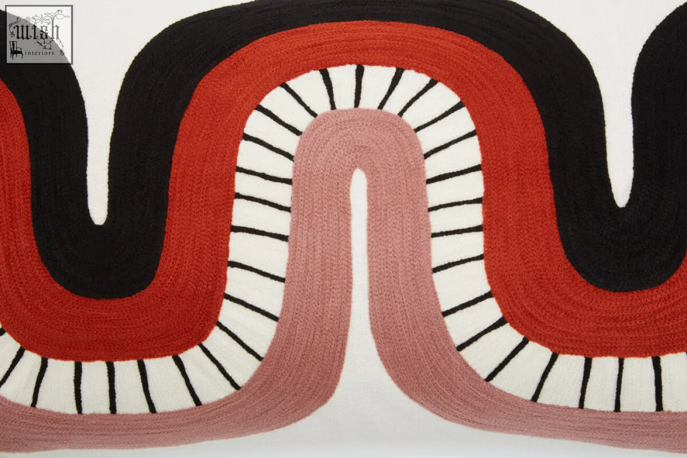 Bosie ozella curve pattern rectangular cushion with bold black red and pink wavy stripes and white accents woven rug style