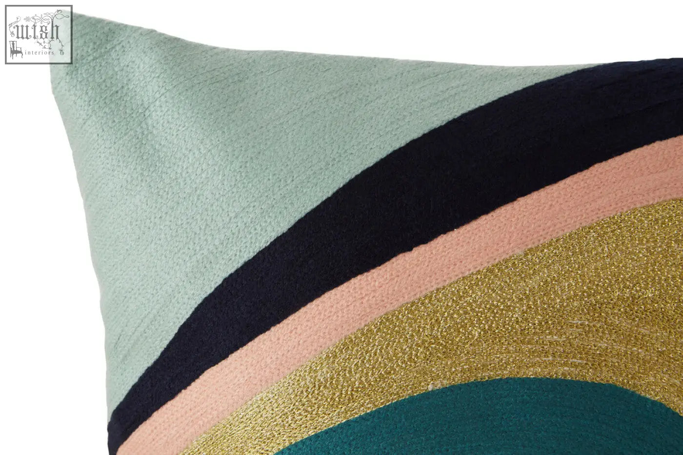 Bosie ozella curved stripes cushion with bold diagonal stripes in mint navy blush pink gold and teal for modern decor