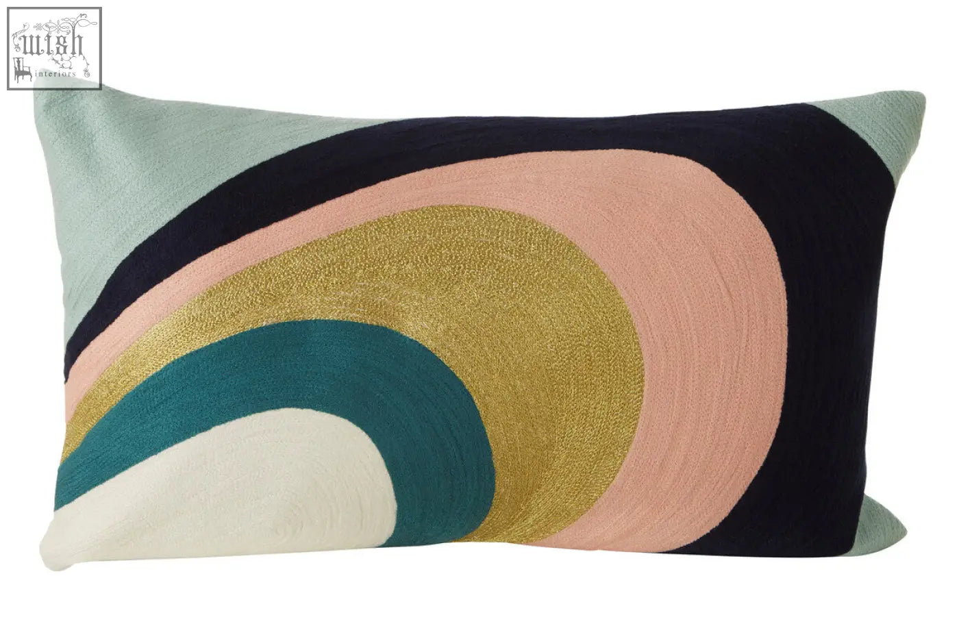 Bosie Ozella curved stripes cushion with modern abstract curved stripes in pastel pink gold teal and cream on navy background