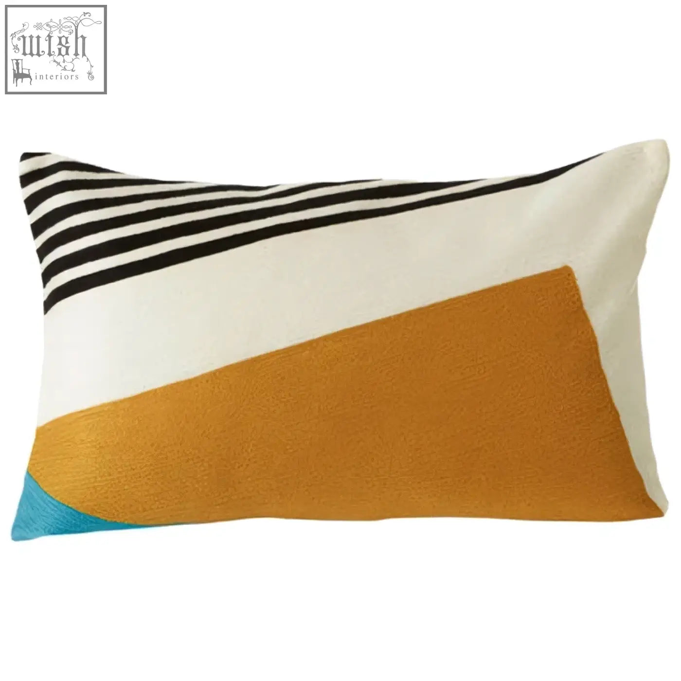Rectangular bosie ozella diagonal design cushion with bold black and white stripes and mustard-yellow triangle accents