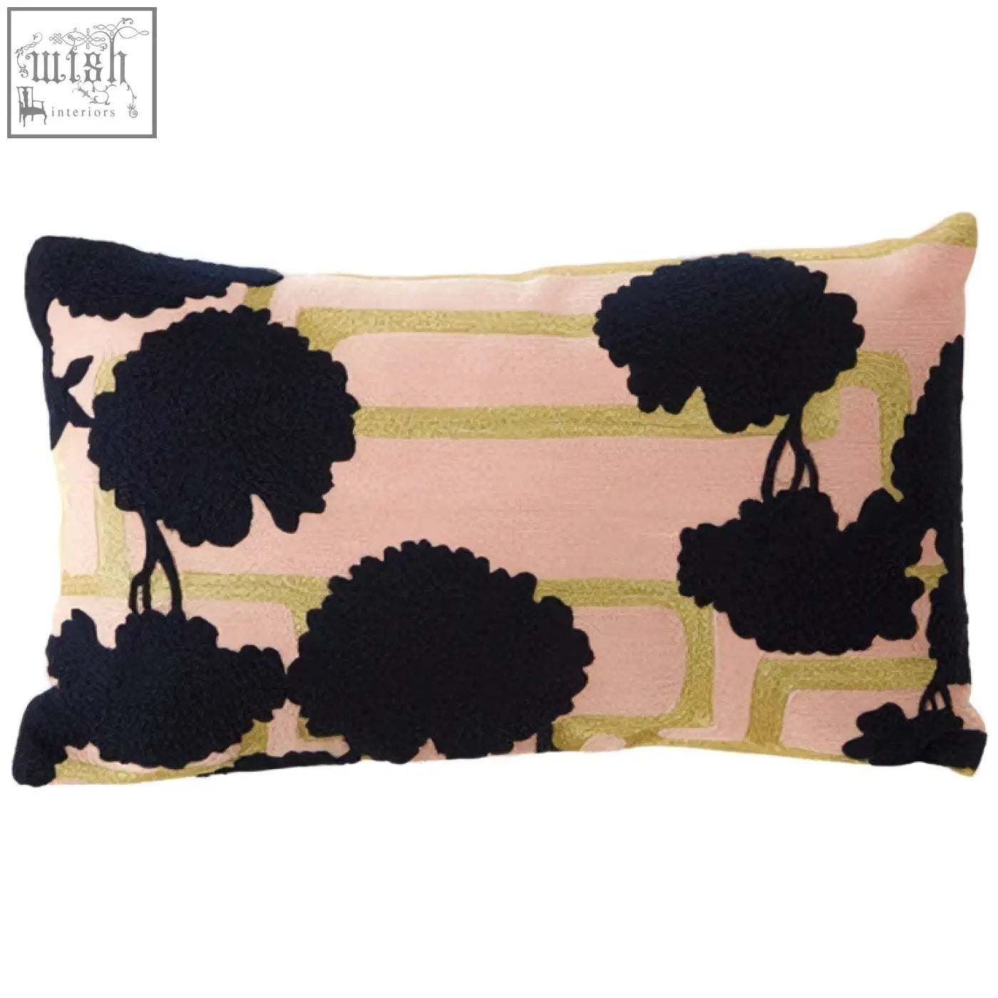 Pink rectangular bosie ozella floral design cushion with black embroidered tree silhouettes and gold geometric accents