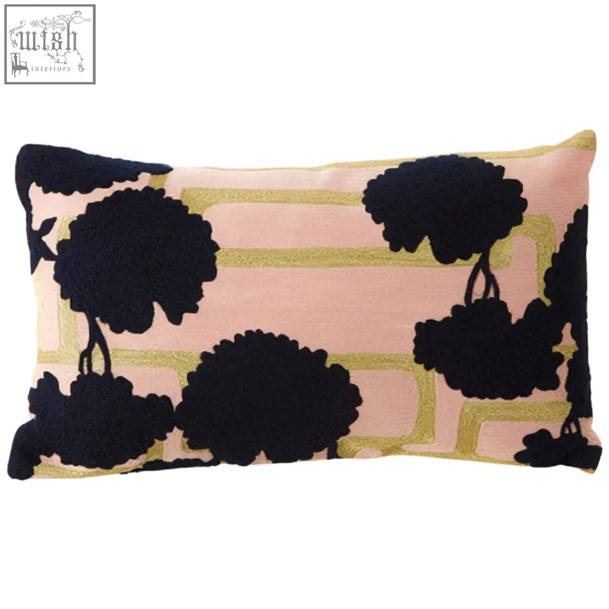 Pink rectangular bosie ozella floral design cushion with black embroidered tree silhouettes and gold geometric accents