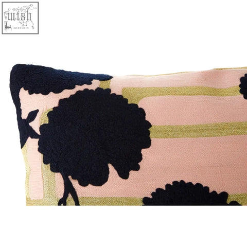 Bosie ozella floral design cushion with soft pink base navy blue floral design and olive green stripes design cushion
