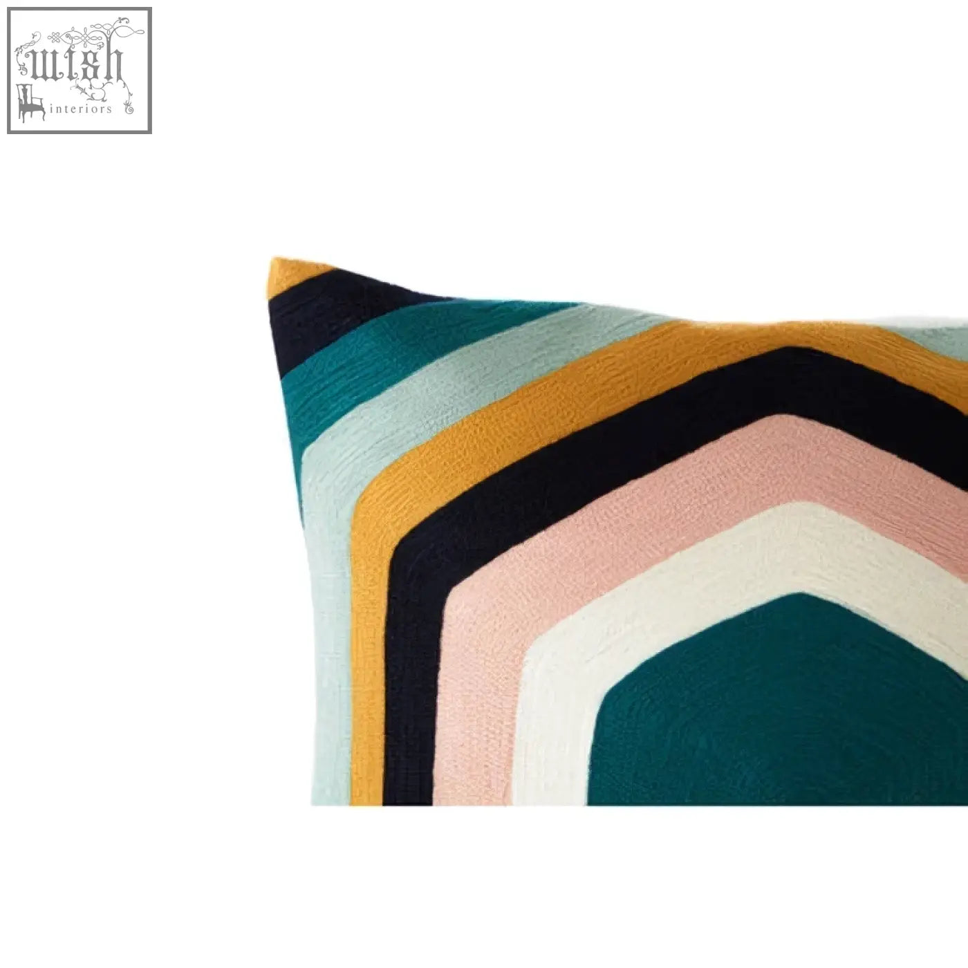 Rectangular Bosie Ozella hexagonal design cushion with teal mustard black blush pink and cream curved stripes pattern