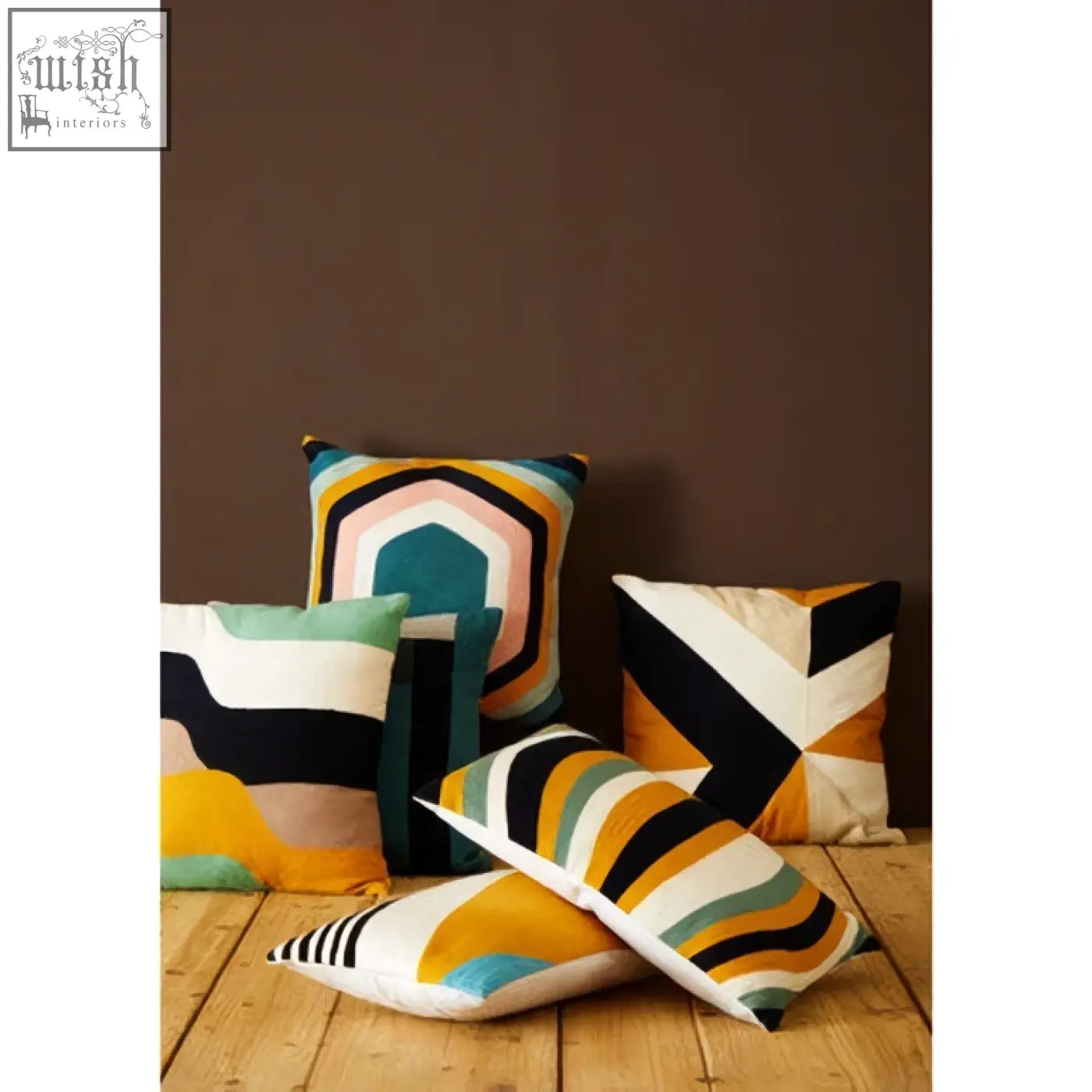 Set of bosie ozella hexagonal design cushions with colorful geometric pattern in teal mustard black white cream fabric