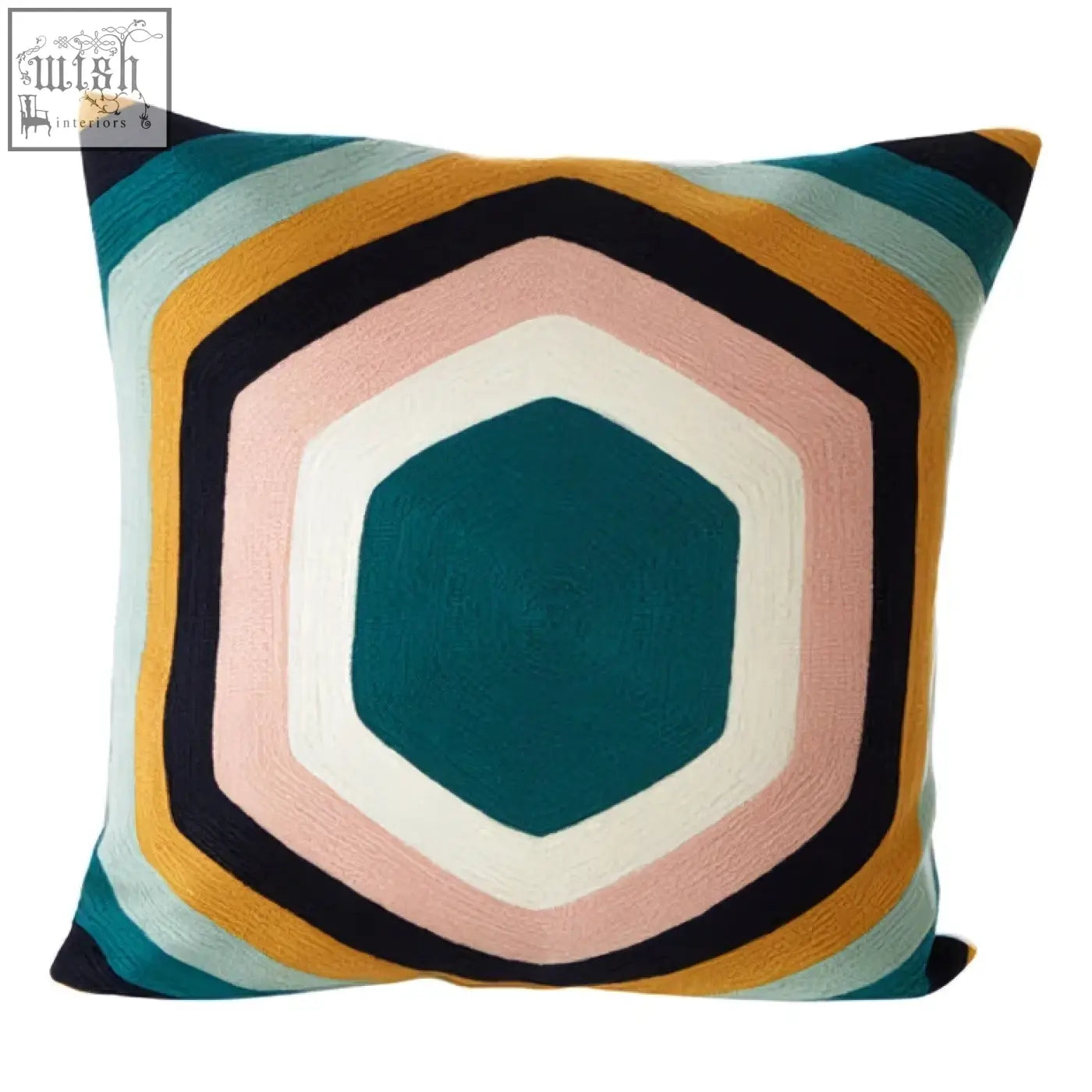 Bosie ozella hexagonal design cushion with bold concentric hexagons in teal pink cream mustard yellow and navy blue