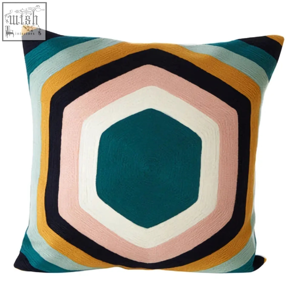 Bosie ozella hexagonal design cushion with bold concentric hexagons in teal pink cream mustard yellow and navy blue