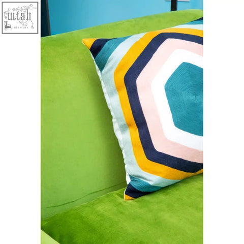 Bosie Ozella hexagonal design cushion with vibrant teal pink yellow and navy geometric pattern throw pillow
