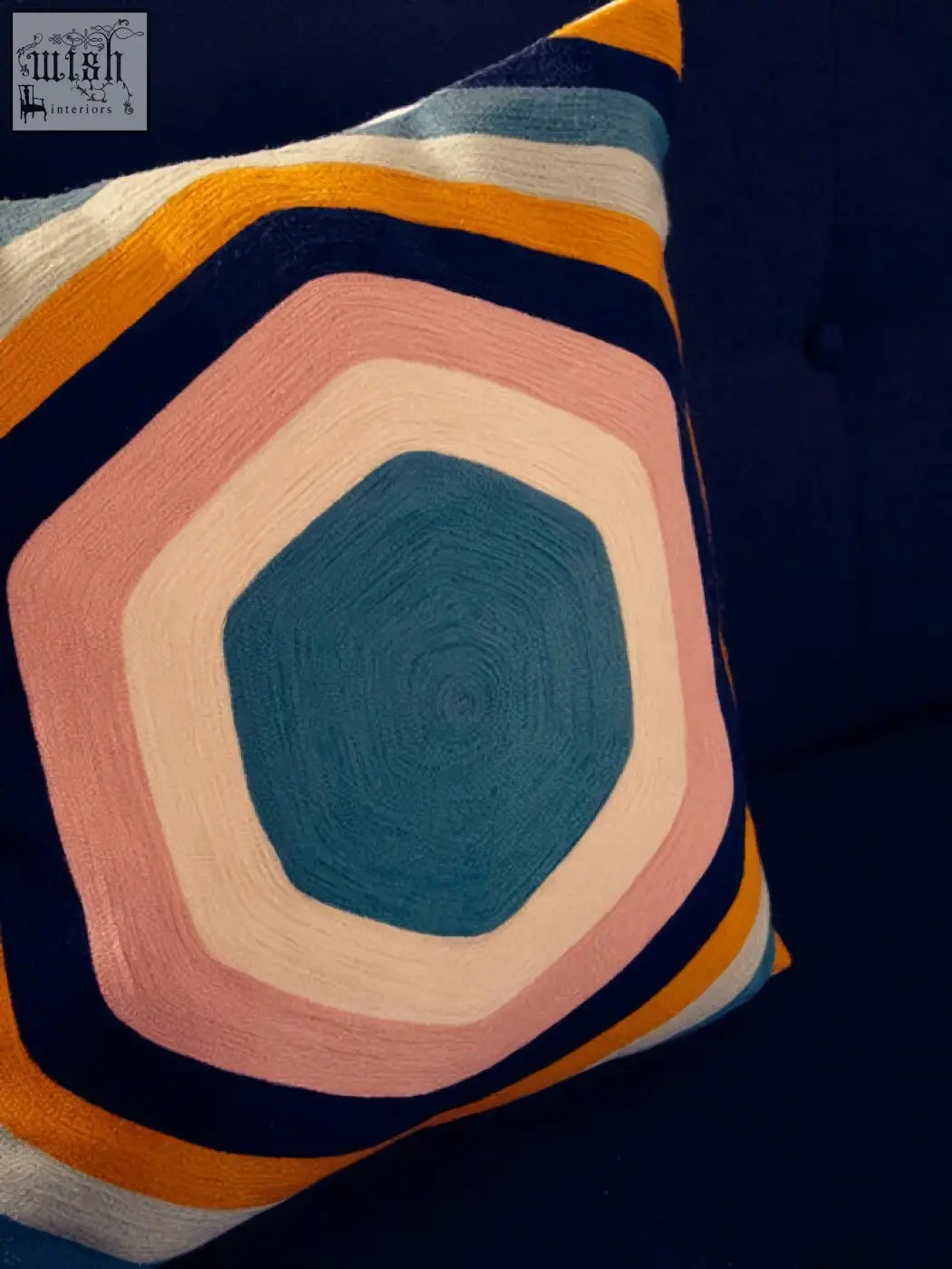 Bosie ozella hexagonal design cushion with vibrant teal blush pink mustard yellow and navy blue geometric pattern