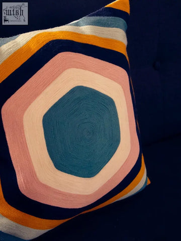 Bosie ozella hexagonal design cushion with vibrant teal blush pink mustard yellow and navy blue geometric pattern