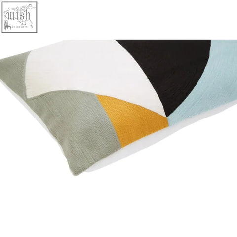 Bosie ozella multi colour rectangular cushion with bold black white gray blue and mustard geometric design