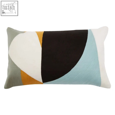 Modern rectangular bosie ozella multi colour cushion with abstract geometric design in gray white black teal and mustard