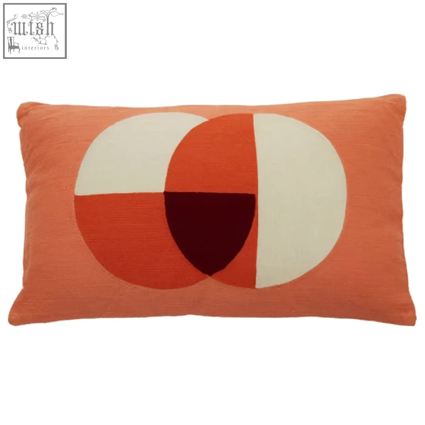 Coral-colored bosie ozella multicolour rectangular cushion with geometric overlapping circles in white orange and deep red