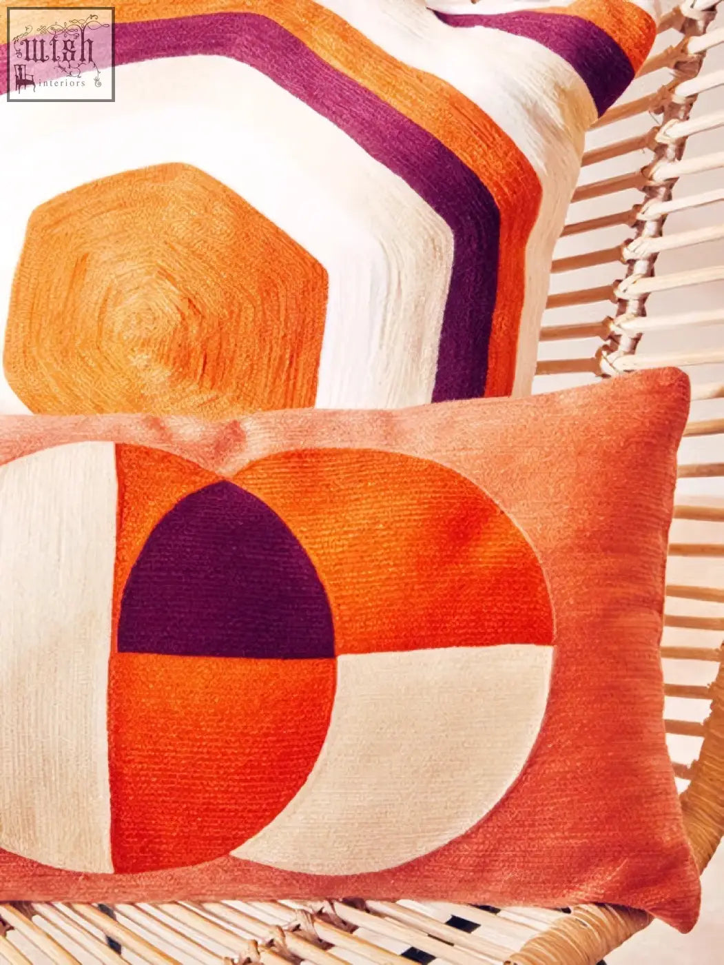 Bosie ozella multicolour rectangular cushion with orange cream geometric pattern and purple accents in textured fabric