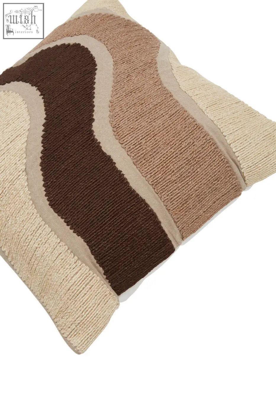 Beige and brown textured natural tonal cushion with wavy layered knit patterns from bosie ozella