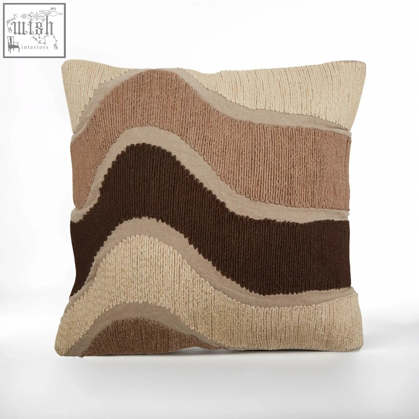 A bosie ozella natural tonal cushion with a textured wavy pattern in earthy beige tan and dark brown tones